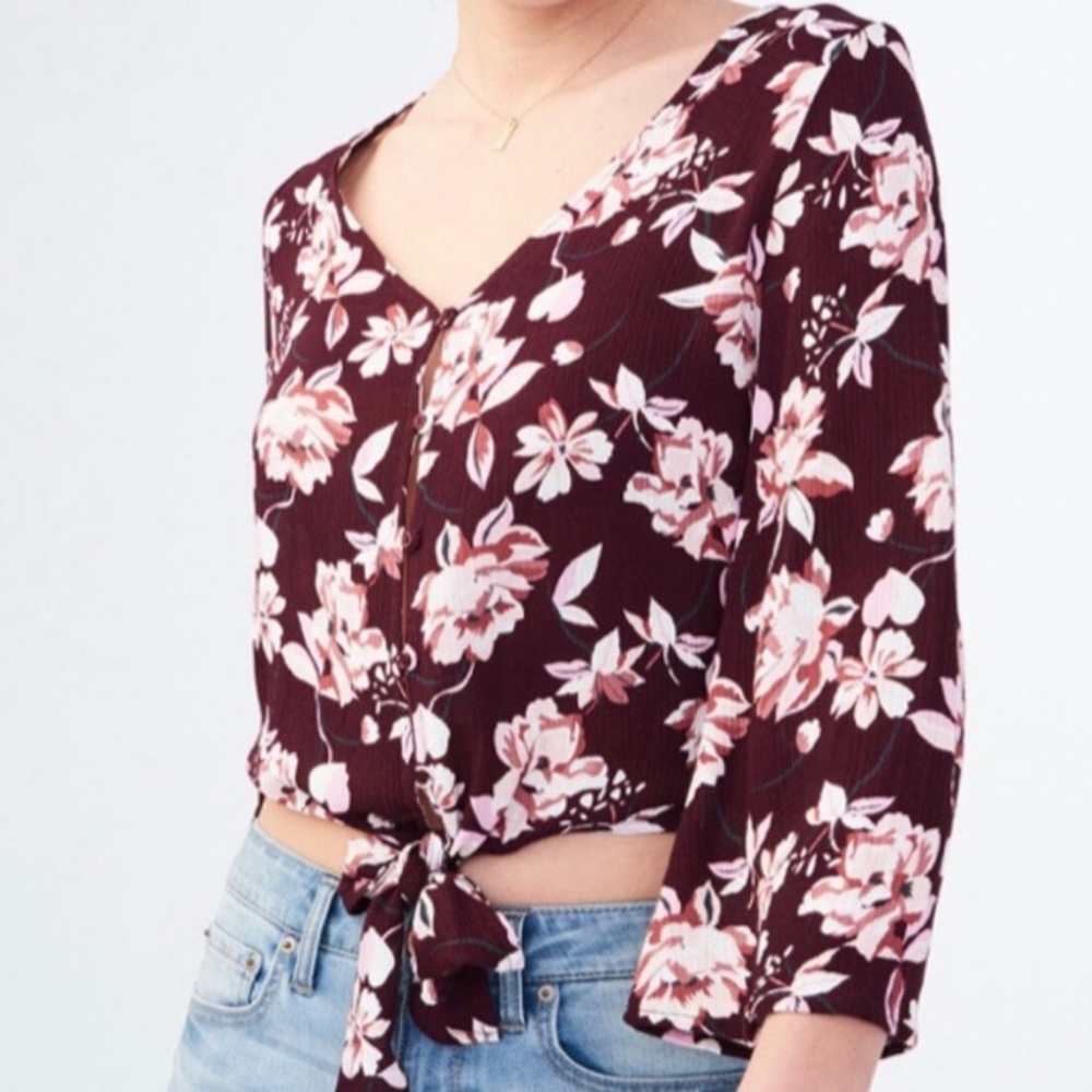 Aeropostal Burgundy Floral Tied Bell Sleeve Top